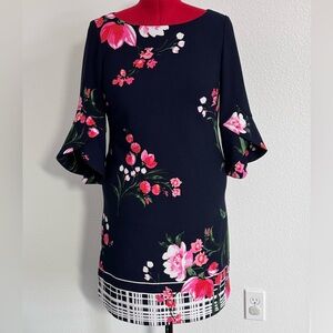 Vince Camuto size 10 navy dress with pink and white floral print.